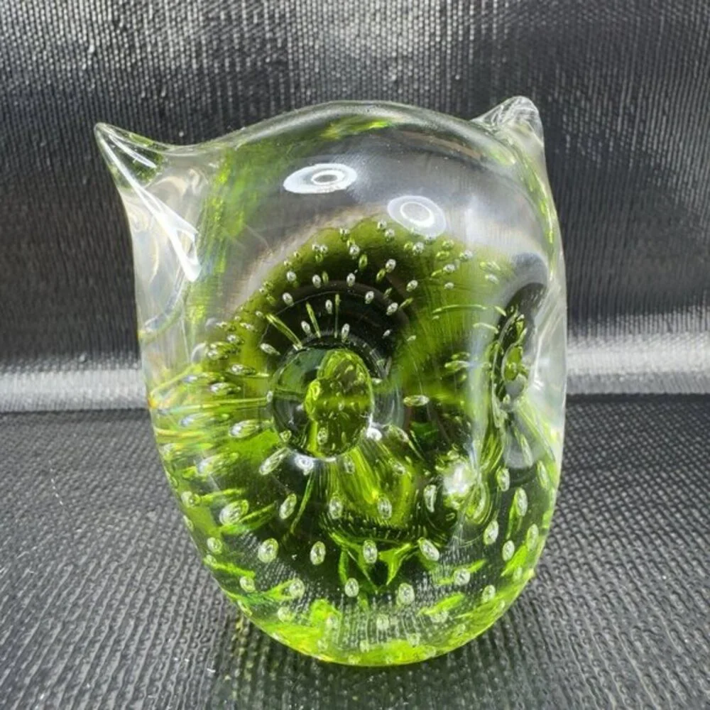 Hand Blown Venetian Art Glass‎ Owl Bird Paperweight Figurine Green Bubbles Italy